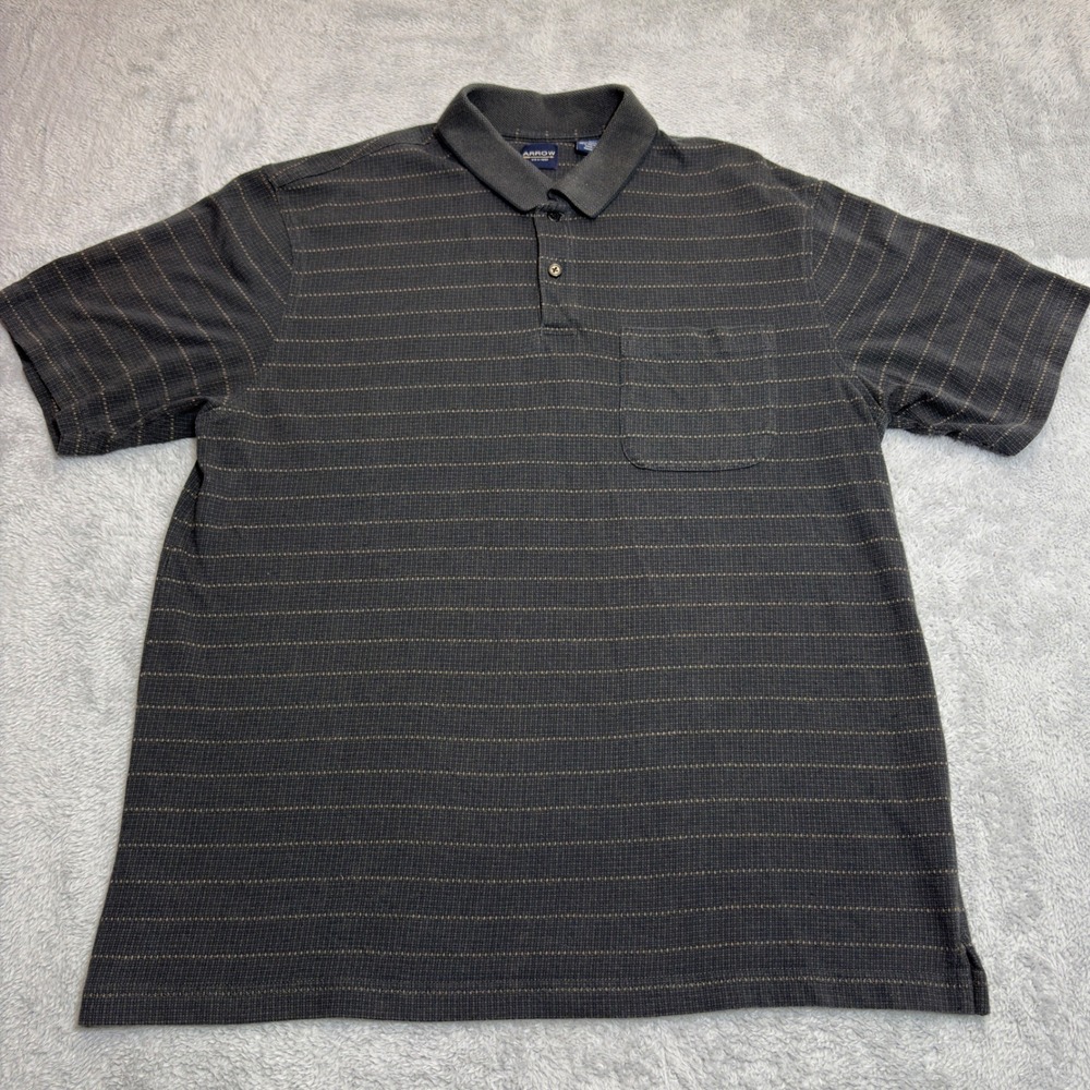 Arrow Polo Shirt Mens Large Gray Tan Striped Short Sleeve Textured Pocket Casual